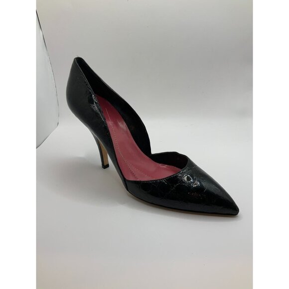 Kate Spade Black Alligator Textured Leather Camellia Pointed Toe Heels, Size 8 - Picture 1 of 9